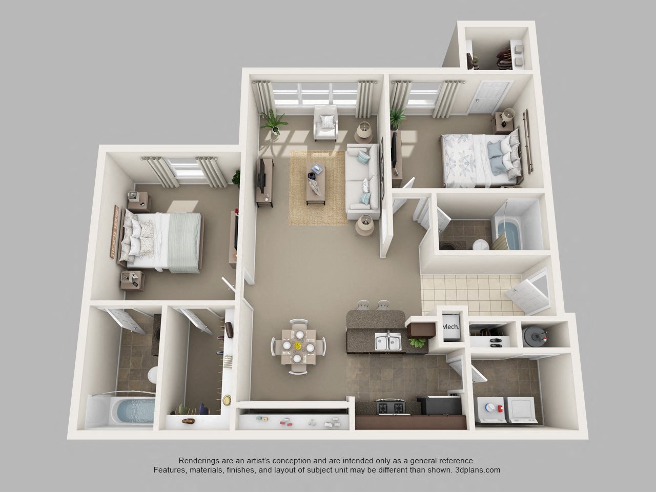 Floor plan for 2 beds, 2 baths, 945 sqft